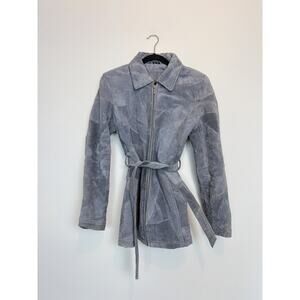 Vintage 90s Henig Furs leather patchwork belted jacket blue MD glam penny lane